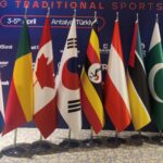 Uganda’s flag displayed among national flags at the Ethnosport Forum in Antalya, Türkiye.